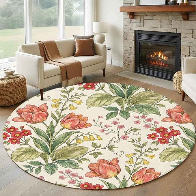 Washable Round Area Rug Vintage Tulips Red Daisies Circle Rugs Floor Carpet for Living Room Bedroom, Yellow Blooms Floral Pattern Soft Non Slip Round Rug 5ft