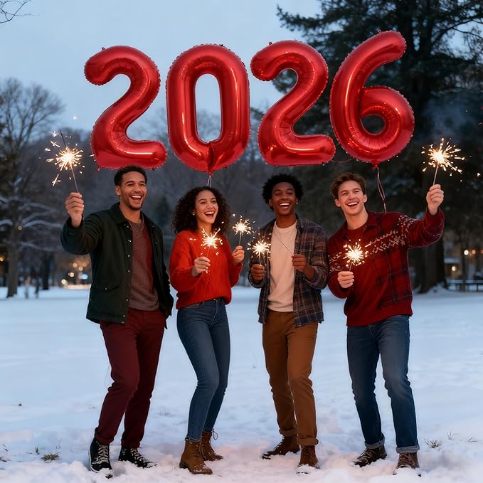 Giant Red 2026 Balloons, 40" Large Red 2026 Balloons Helium Mylar Foil Balloons for 2026 New Year Graduation Christmas Party Decoration