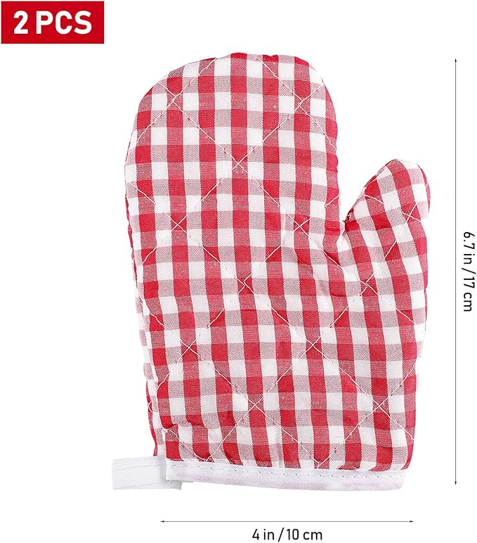 Cabilock 2pcs Kids Oven Mitts Oven Gloves Kitchen Red Checkered Mitts Microwave Gloves for Children Baking Cooking Fireplace Grill BBQ
