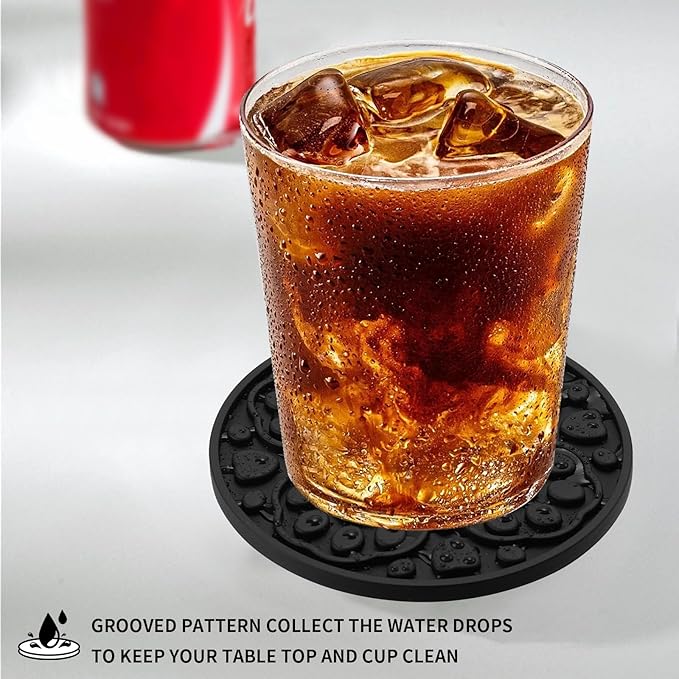 Black Silicone Coasters with Holder, 4 Inch Modern Non-Slip Drink Coasters Set of 6, Decorative Cup Mats for Desk, Tabletop, Coffee, Beer & Beverage, Dishwasher Safe - Housewarming Gift