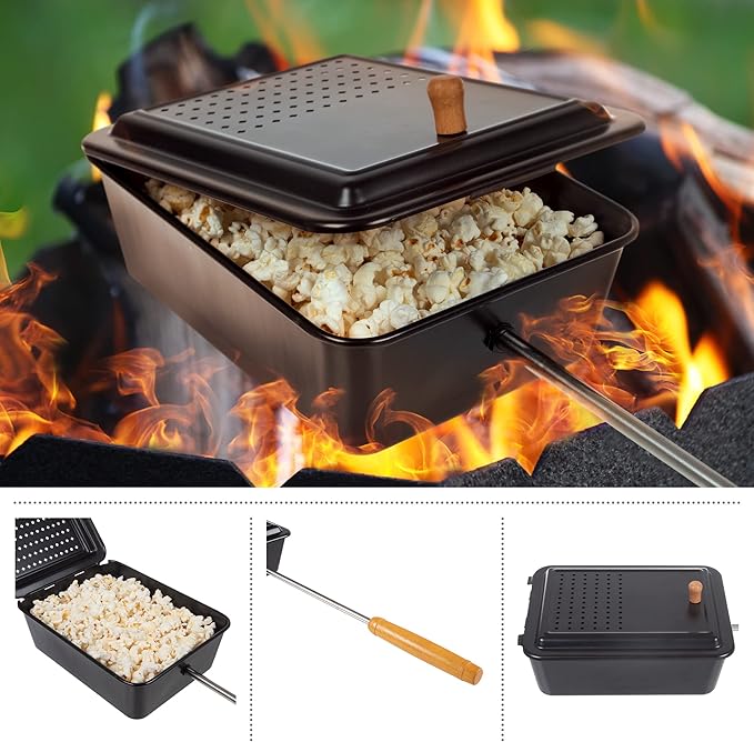 Campfire Popcorn Popper - Old Fashioned Popcorn Maker with Nonstick Finish and Extended Handle - Camping Gear and Campfire Cooking Equipment by Great Northern Popcorn (Black)