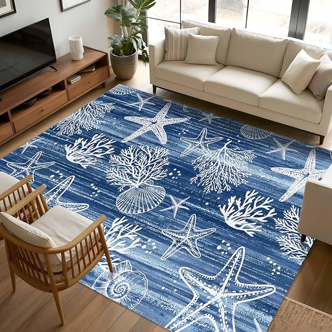 Navy Blue Coastal 8x10 Area Rugs, Ocean Coral Starfish Non-Skid Rubber Backing Large Rectangle Rugs - Living Room Bedroom Home Office, Summer Beach Indoor Floor Mat Carpets Washable Rug
