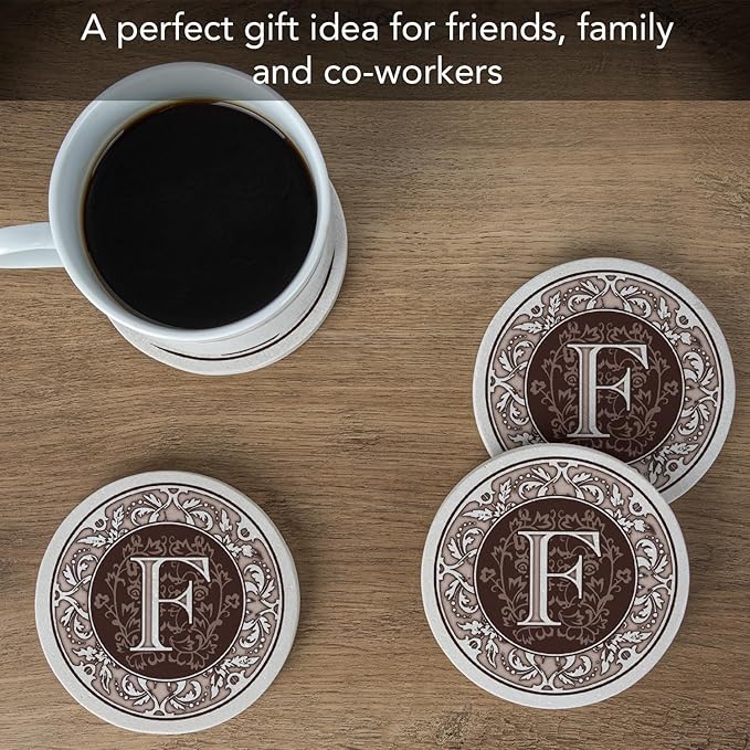 Thirstystone Monogram Letter F Natural Sandstone Coaster 4 Pack Manufactured in the USA Decorative Absorbent Easily Wipes Clean