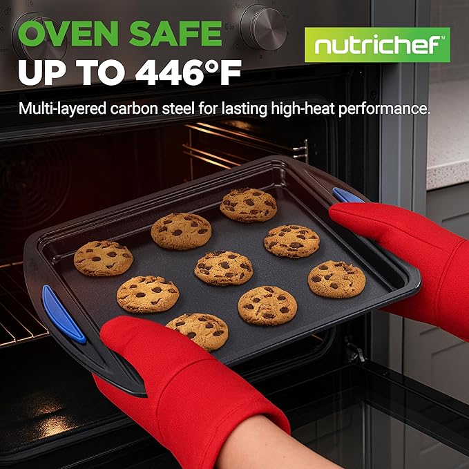 NutriChef 3-Piece Nonstick Cookie Sheets for Baking – Carbon Steel Stackable Bakeware Set w/ Silicone Handles - Non Toxic Baking Pan - Durable & Wrap Resistance, Oven Safe - Easy cleanup