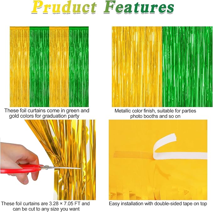 2 Pack Graduation Backdrop, Large Grad Decor 2026, Green Gold Graduation Photo Backdrop Fringe Curtains Party Streamer, Metallic Green and Gold Grad Decorations Class of 2026