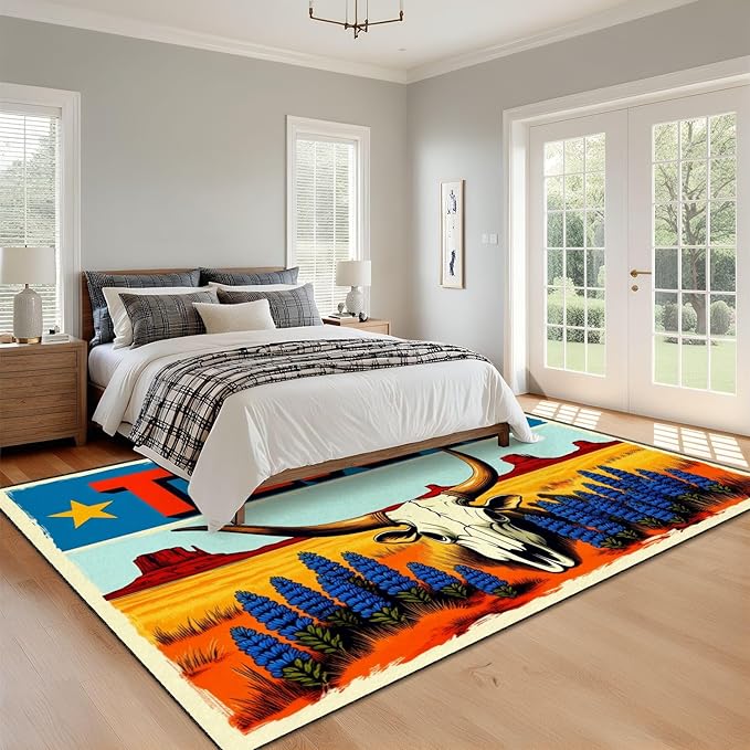8x10 Area Rugs for Bedroom Boho Washable Man Cave Rug for Living Room Texas Desert Landscape Longhorn Skull Bluebonnets Bold Retro Soft Rubber Backed Non-Slip Large Carpets for Boys
