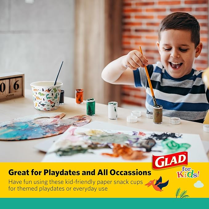 Glad for Kids Dinosaurs Paper Snack Bowls, Colorful Heavy Duty Microwave Safe Disposable Bowls for Soup, Ice Cream, and Snacks, Lids Not Included, Multicolor, Party Pack, 12 Oz, 20 Count
