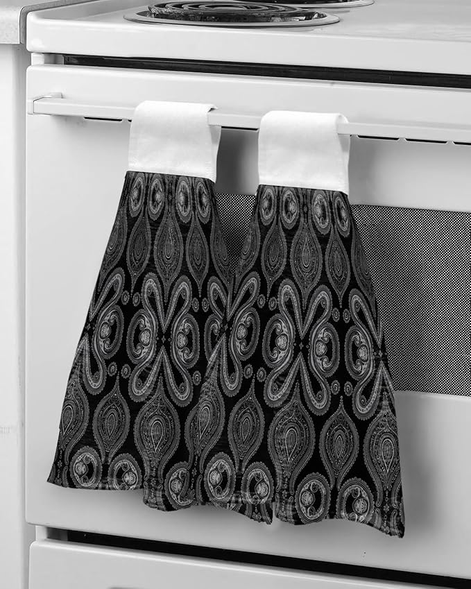 Alandar Home Kitchen Tie Towel Set of 1, Traditional Paisley Vintage Flower Absorbent Soft Hand Towels for Bathroom Hanging Towels, Oriental Themed Pattern Fast Drying Cleaning Cloth with Loop
