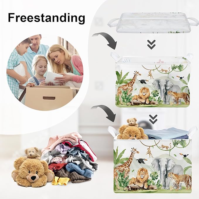 Safari Animals Baby Laundry Hamper Collapsible Clothes Kids Storage Basket Giraffe Lion Large Boys Girls Gift Toy Box Bin for Nursery, Monkey, 36L