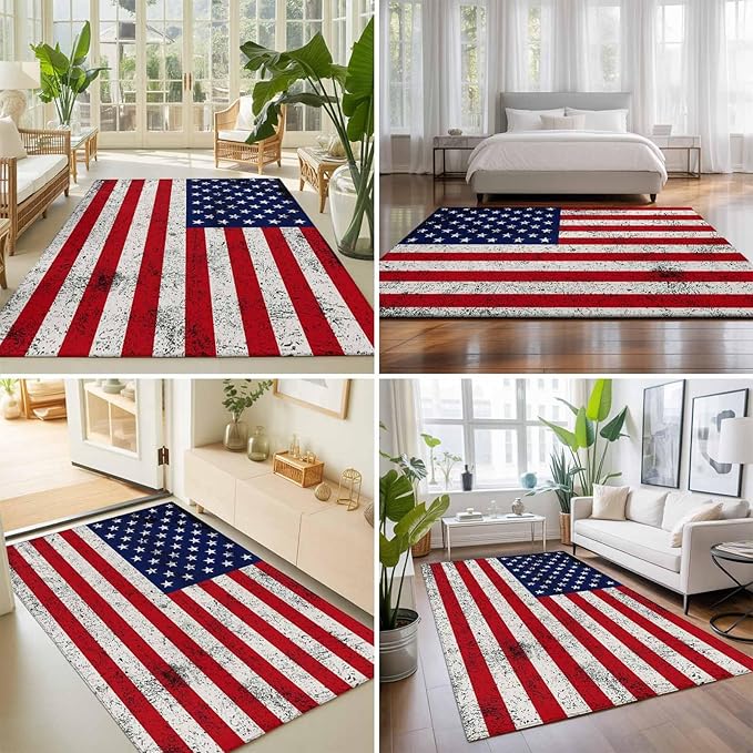 Area Rug 8x10ft, Independence Day Stars Stripes Retro Washable Rugs for Living Room Bedroom, Patriotic Flag Red Blue Soft Non-Slip Area Rugs Rectangle Floor Carpet for Dining Room