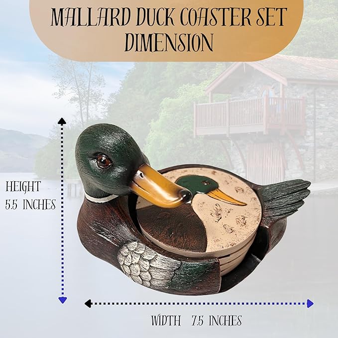 BestGiftEver Mallard Duck Coaster Set of 4 - Round Polyresin Bar Coasters for Drinks, Lakehouse-Themed Kitchen Bar Decoration, Pond and Lake Bird Waterfowl for Tabletop Protection