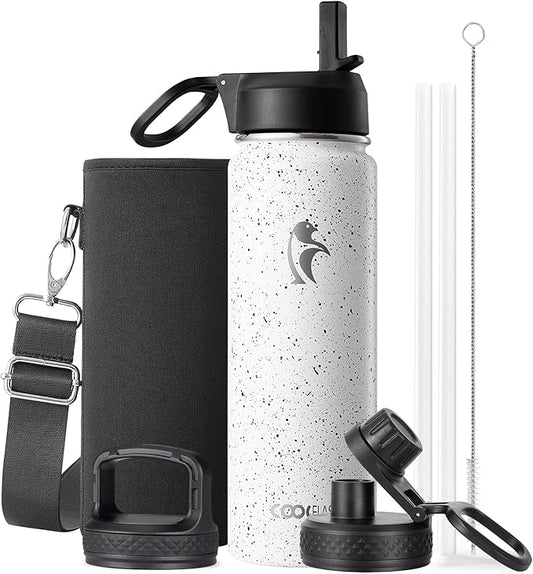 Coolflask Water Bottle 20 oz Insulated with Straw, Stainless Steel Metal 3 Lids Water Flask Wide Mouth for Sports or Office, Non-BPA Keep Cold Up to 48 Hrs or Hot Up to 24 Hrs, Arctic White