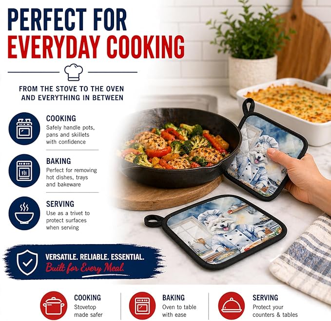 Caroline's Treasures American Eskimo The Chef Pair of Pot Holders Kitchen Heat Resistant Pot Holders Sets Oven Hot Pads for Cooking Baking BBQ, 7 1/2 x 7 1/2