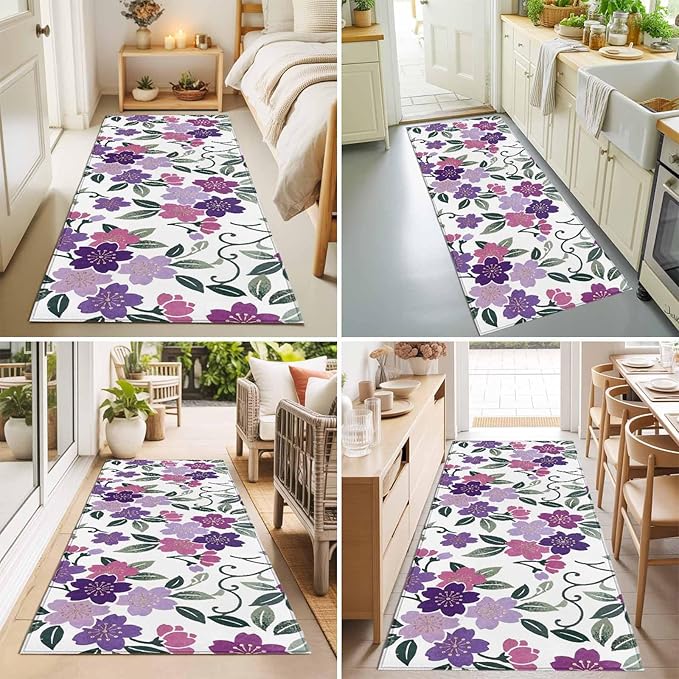 Runner Rug for Bedroom Hallway, Country Purple Pink Flower Green Leaf Kitchen Runner Rugs Area Rug 2x6ft, Pastoral Floral Plant Washable Soft Floor Carpet for Entryway Stair