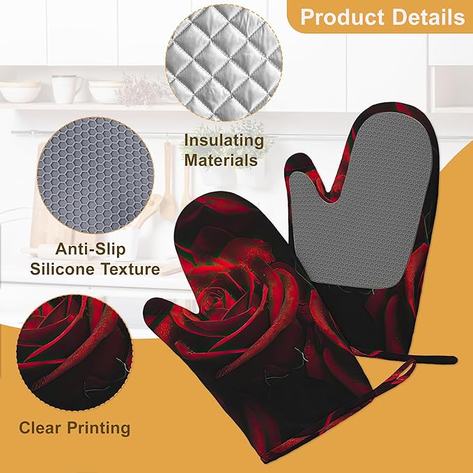 Red Rose Oven Mitts and Pot Holders Set of 4,Kitchen Glove Heat Resistant Oven Mitts with Non-Slip Silicone for Baking, Cooking, BBQ
