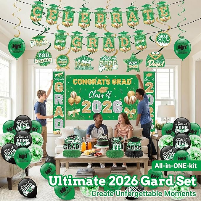Green 2026 Graduation Party Decor Kit-Includes Backdrop, Banner, Balloons, Hanging Ornaments & Honeycomb Decorations for Class of 2026 -Full Set for High School and University Graduation Events