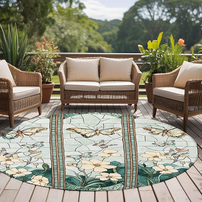 Washable Round Area Rug Spring Flower Colorful Butterfly Circle Rugs Floor Carpet for Living Room Bedroom, Vintage Green Plant Soft Non Slip Round Rug 5ft