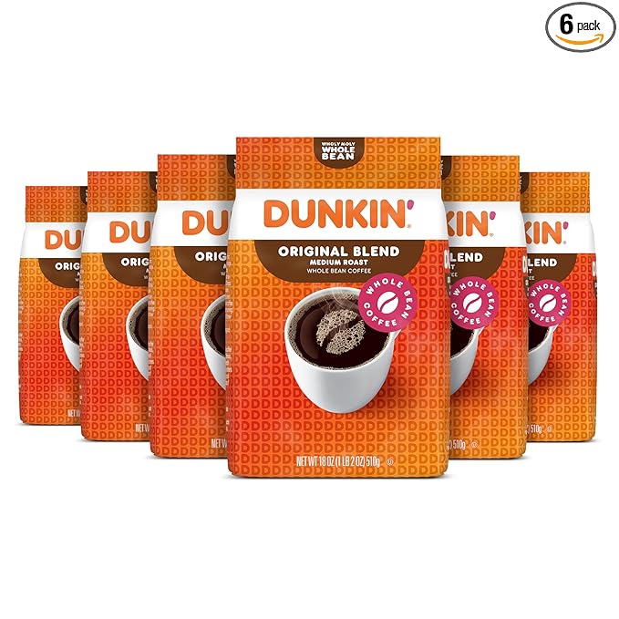 Dunkin' Original Blend Medium Roast Whole Bean Coffee, 18 Ounces (Pack of 6)