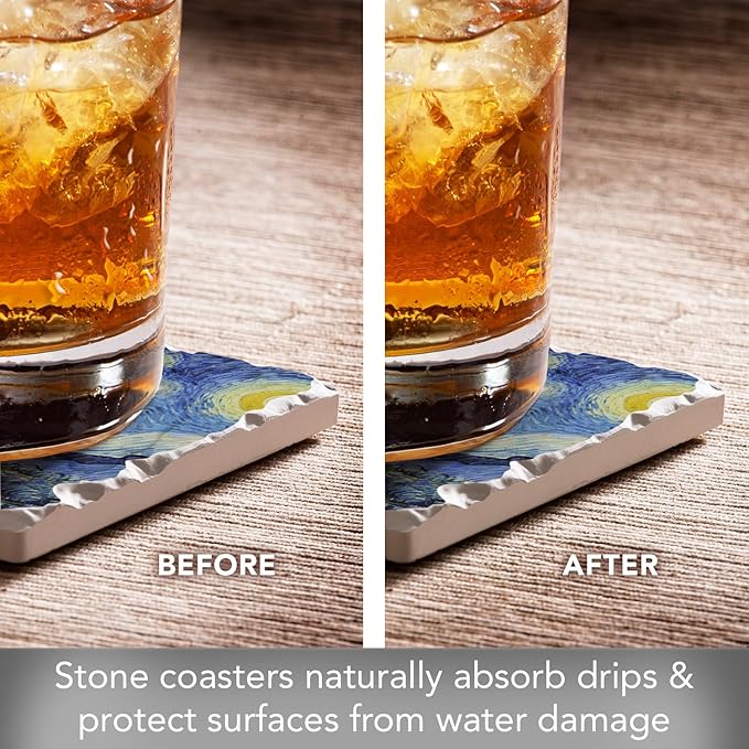 Thirstystone Van Gogh Classics 4 Pack Assorted Tumbled Tile Stone Coasters with Protective Cork Backing Manufactured in The USA Absorbent Easily Wipes Clean
