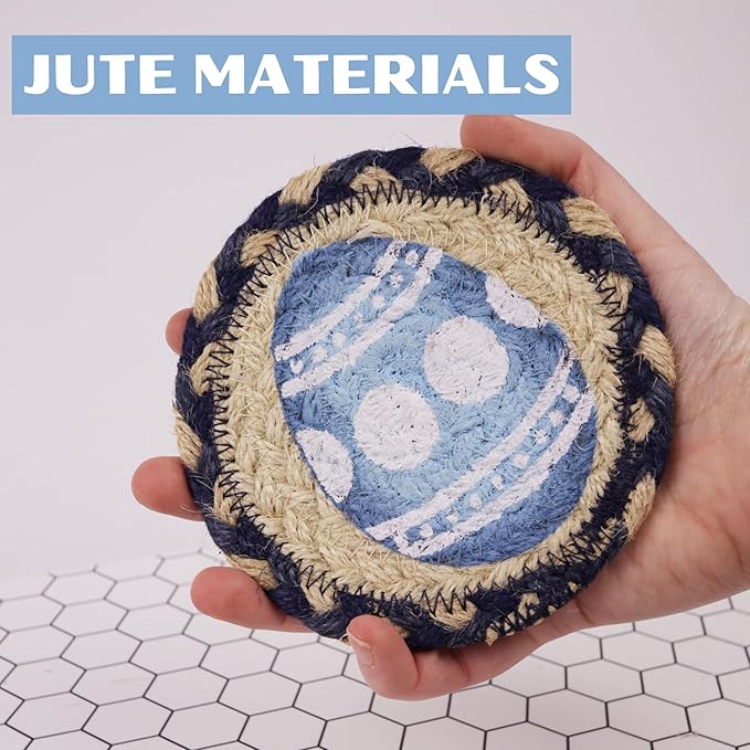 Blue Easter Egg Themed Coasters, Braided Jute with Pastel Design, Woven Coaster Set for Mugs and Cups, Seasonal Kitchen Decor, 5 Inches (Pack of 2)