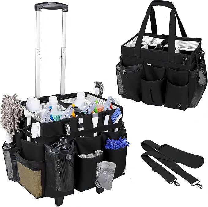 Extra large Rolling Cleaning caddy bag Built-in Hard Support Board,Cleaning Cart with Detachable Trolley, Housekeeping Cleaning caddy with Adjustable Shoulder Strap and Multiple Storage Pockets