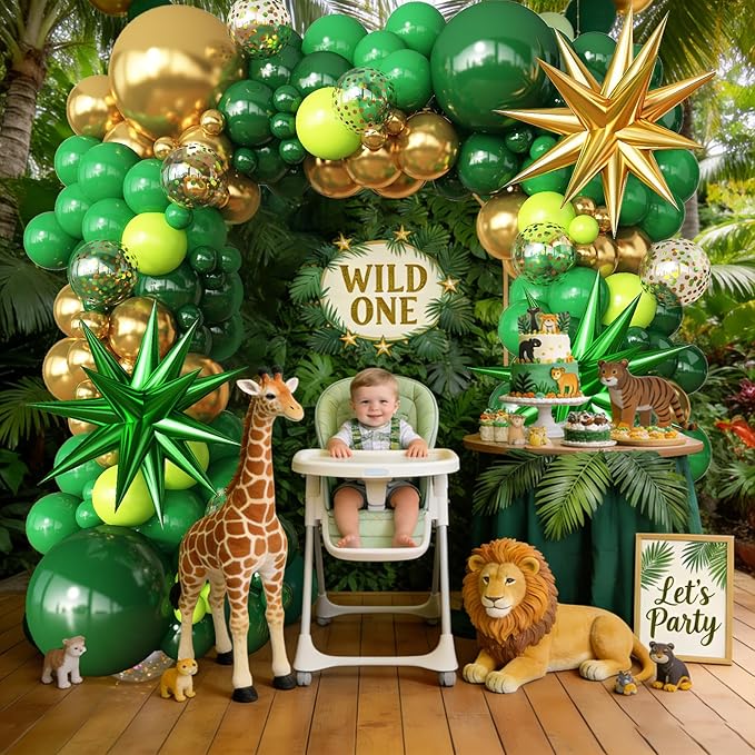 Green and Gold Balloons Garland Arch Kit with Stars Different Shade Green Balloons for Birthday 2026 Graduation Baby Shower Junle Safari Dinosaur Party Anniversary Decorations