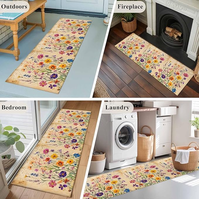 Runner Rug for Bedroom Hallway, Farmhouse Colorful Small Flower Kitchen Runner Rugs Area Rug 2x6ft, Retro Backdrop Seamless Washable Soft Floor Carpet for Entryway Stair