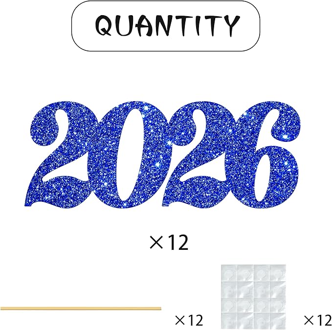 2026 Centerpiece Sticks 12pcs Blue Glitter Number 2026 Centerpieces for Table Graduation Decorations for Hello 2026 New Year Theme Party Supplies