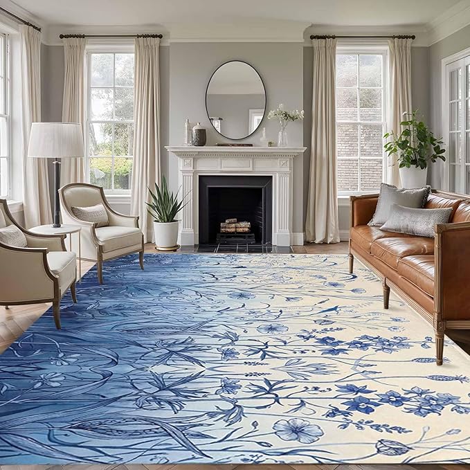 Area Rug 9x12ft, Vintage Boho Blue Wildflowers Meadow Washable Rugs for Living Room Bedroom Rectangle Floor Carpet, Abstract Flower Soft Non-Slip Area Rugs for Dining Room