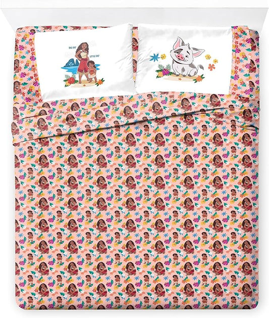 Jay Franco Kids Sheet Set with Fitted, Flat Sheets & Pillow Cover - Ultra-Soft Bedding with Pillowcase for Room Decor, Pink - Moana, 4 Piece Full
