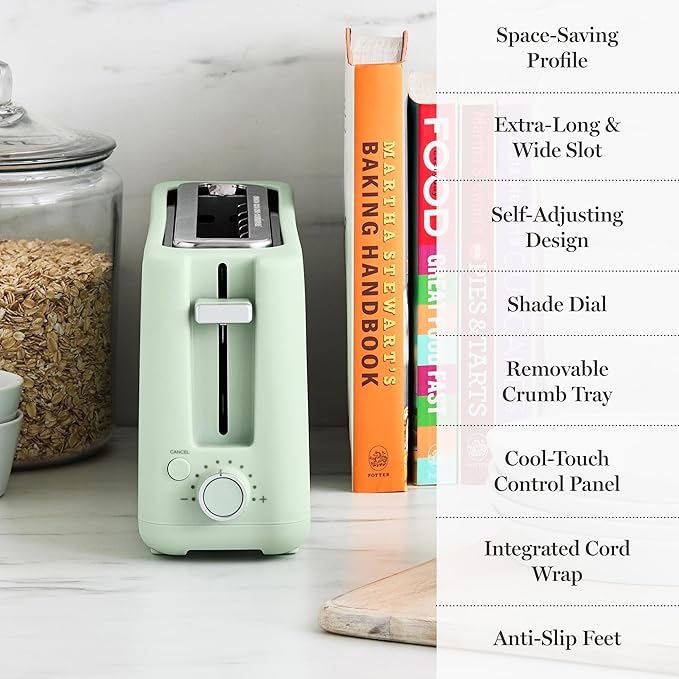 Martha Stewart 2 Slice Long Slot Toaster, Extra Wide for Sourdough & Bagels, 10 Setting Shade Control, Removable Crumb Tray, Self-Centering Design, Defrost/Reheat, Cancel, Slim Space-Saving, Honeydew