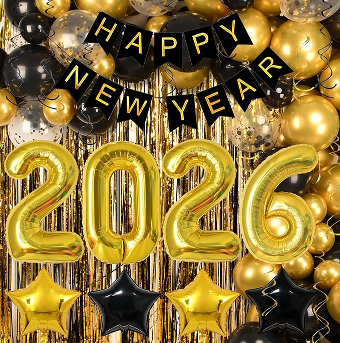 New Years Eve Party Supplies 2026 Kit - Pack of 153, Huge Gold 2026 Balloons,Happy New Year Banner,Black and Gold Hanging Swirls, Gold Fringe Backdrop for NYE Decorations 2026