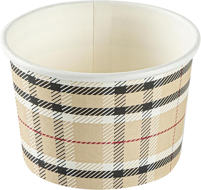 Restaurantware Coppetta 4-Ounce Dessert Cups, 50 Disposable Ice Cream Cups - Lids Sold Separately, Heavy-Duty, Plaid Paper Frozen Yogurt Bowls, For Hot And Cold Foods