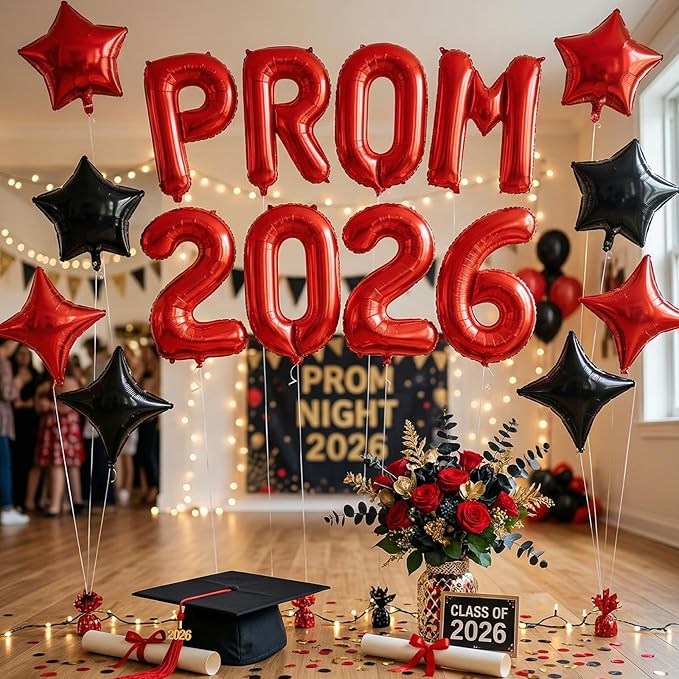 Prom 2026 Balloons Banner, 16 inch Red Letter Balloons Prom 2026 Sign Decoration with Black Red Star Balloon for Class of 2026 Congrats Grad Party Birthday Retirement Graduation Party Supplies