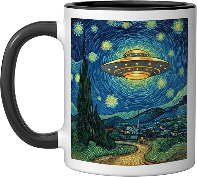 Ufo Over Starry Night Van Gogh Style Sci Fi Saucer Art Ceramic Mug, Black/White
