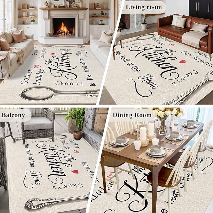 Area Rug 6x9ft, Spoon Fork Vintage Farmhouse Washable Rugs for Living Room Bedroom, Abstract Love Retro Linen Soft Non-Slip Area Rugs Rectangle Floor Carpet for Dining Room