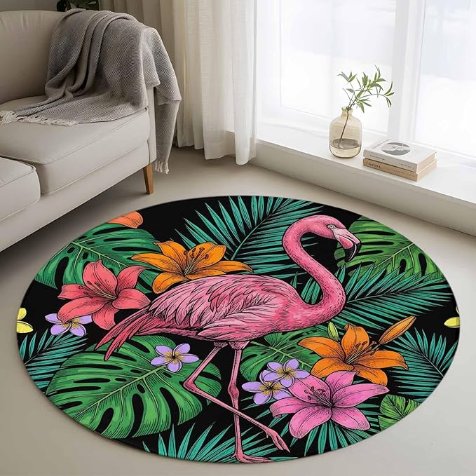 Washable Round Area Rug Pink Flamingos Tropical Leaf Circle Rugs Floor Carpet for Living Room Bedroom, Colorful Lily Blossom Floral Soft Non Slip Round Rug 3ft