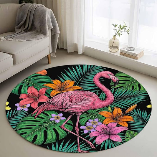 Washable Round Area Rug Pink Flamingos Tropical Leaf Circle Rugs Floor Carpet for Living Room Bedroom, Colorful Lily Blossom Floral Soft Non Slip Round Rug 3ft