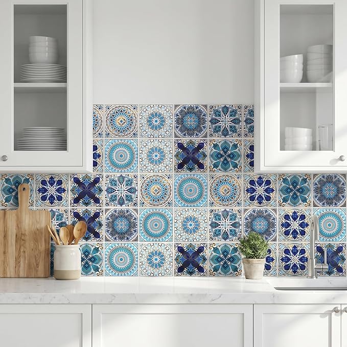 30 Pack, 4x4 Inch Moroccan Vinyl Decals, Blue and Gold Boho Mandala Peel and Stick Wall Stickers for Kitchen, Bathroom, Stairs & Furniture