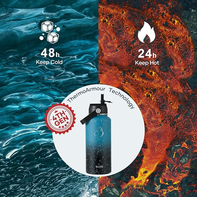 BUZIO 32 oz Water Bottle Insulated, Leakproof Stainless Steel Flask (Cold for 48 Hrs), Wide Mouth BPA-Free Metal Thermo Hydro Canteen with 2 Lids, Dappled Navy Black