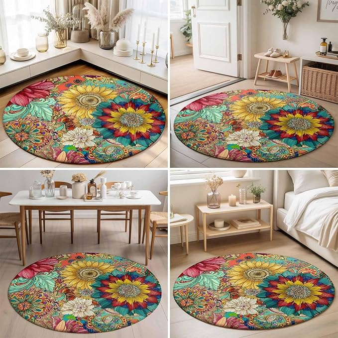 Washable Round Area Rug Boho Colorful Blossom Flower Circle Rugs Floor Carpet for Living Room Bedroom, Country Retro Ethnic Floral Soft Non Slip Round Rug 5ft