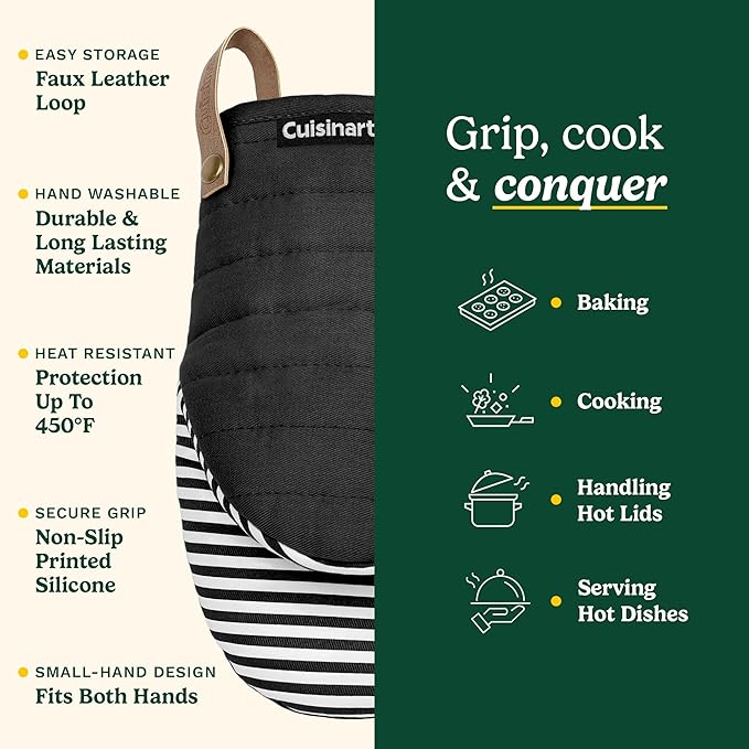 Cuisinart Mini Oven Mitts – 5.5” x 8” Heat-Resistant Kitchen Mitts for Oven with Non-Slip Printed Silicone, Cotton Filling, and Faux Leather Loop – Durable Oven Mitt Set for Cooking & Baking