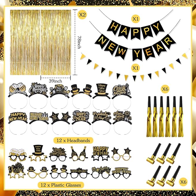 Realspring 106pcs Happy New Year Party Supplies Plastic New Year's Eve Glasses Headbands Blowouts Inflatable Fireworks Gun Balloons Foil Backdrop Hanging Swirls for 2026 Party Decor Photo Prop