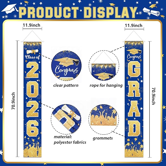 2026 Graduation Party Decorations - Blue Gold Class of 2026 Congrats Grad Porch Sign Banner Hanging Flag Graduation Party Supplies for School College Classroom Decor