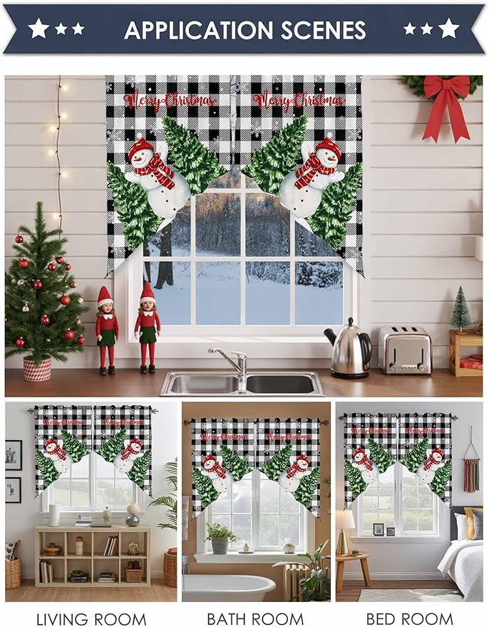 Christmas Tree Snowman Swag Valance Curains Winter Snowflake Black Buffalo Plaid Rod Pocket Kitchen Curtains Scalloped Window Treatment Valances Swag for Living Room Bedroom, 1 Pair, 36"W x 45"L