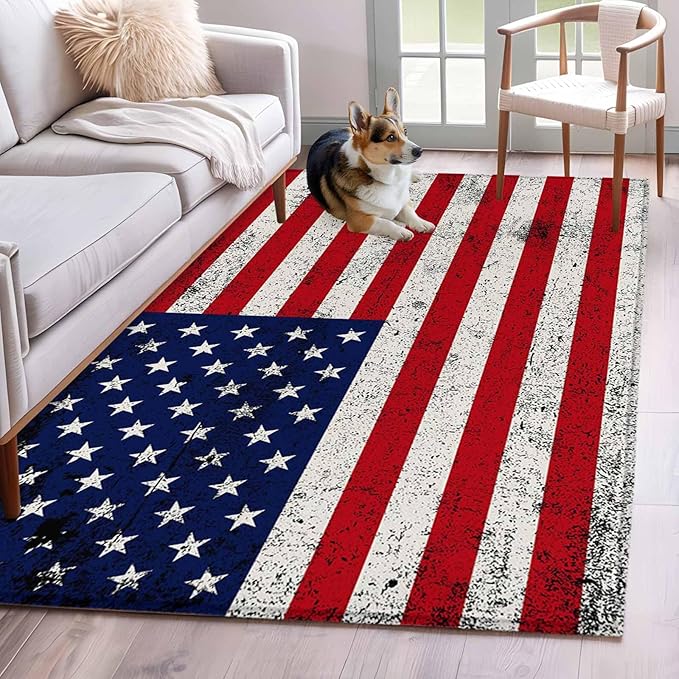Area Rug 4x6ft, Independence Day Stars Stripes Retro Washable Rugs for Living Room Bedroom, Patriotic Flag Red Blue Soft Non-Slip Area Rugs Rectangle Floor Carpet for Dining Room