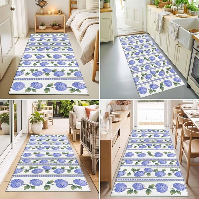 Runner Rug for Bedroom Hallway, Garden Purple Hydrangea Flower Kitchen Runner Rugs Area Rug 2x6ft, Watercolor Floral Leaves Washable Soft Floor Carpet for Entryway Stair
