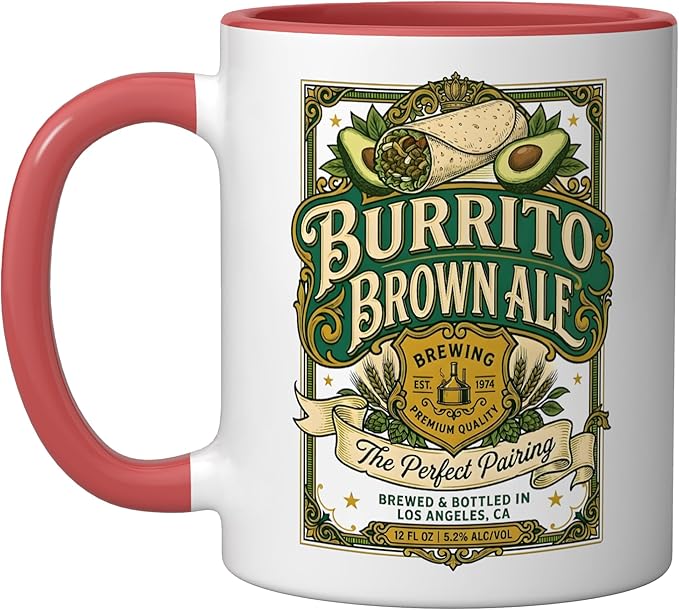 Burrito Brown Ale Mexican Food Retro Funny Beer Label Ceramic Mug, Red/White