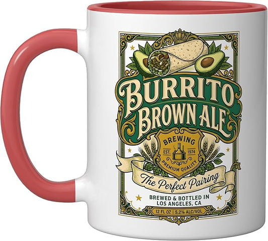 Burrito Brown Ale Mexican Food Retro Funny Beer Label Ceramic Mug, Red/White