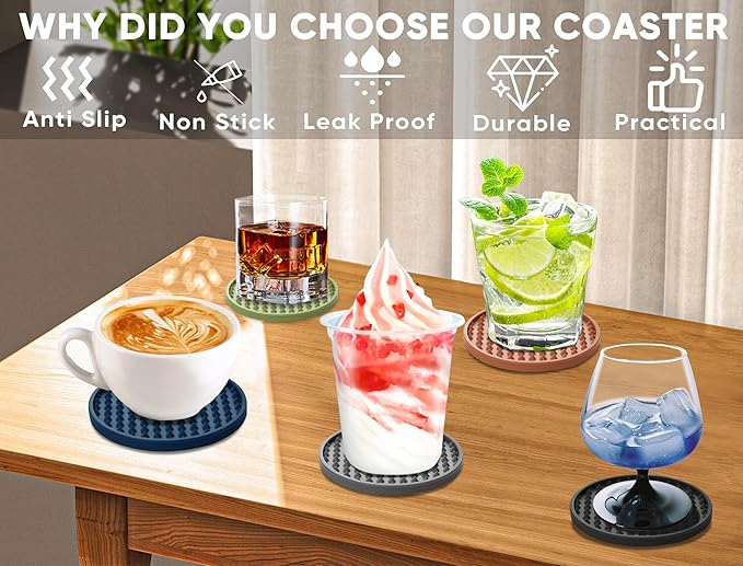 Coasters for Drinks 6 Pcs Drink Coaster with Holder,Heat Resistant Silicone Cup Mat Tabletop Protection,Non-Slip Rubber Coasters for Kinds of Cups (Blue)